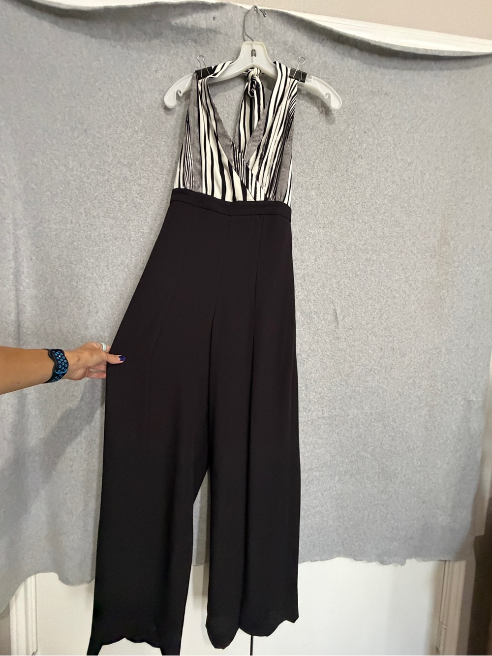 BCBGMaxAzria Black Wide-Leg Halter Jumpsuit with Striped Bodice